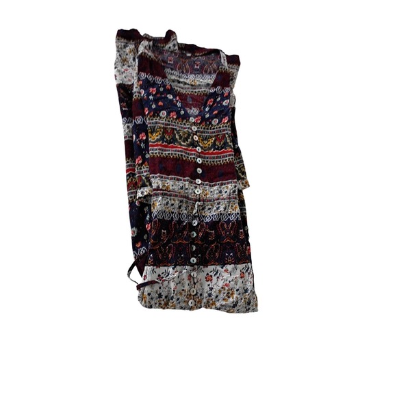 Boho Patchwork Maxi Dress‎ Floral Print Button Front V Neck 3/4 Sleeve - Picture 6 of 11